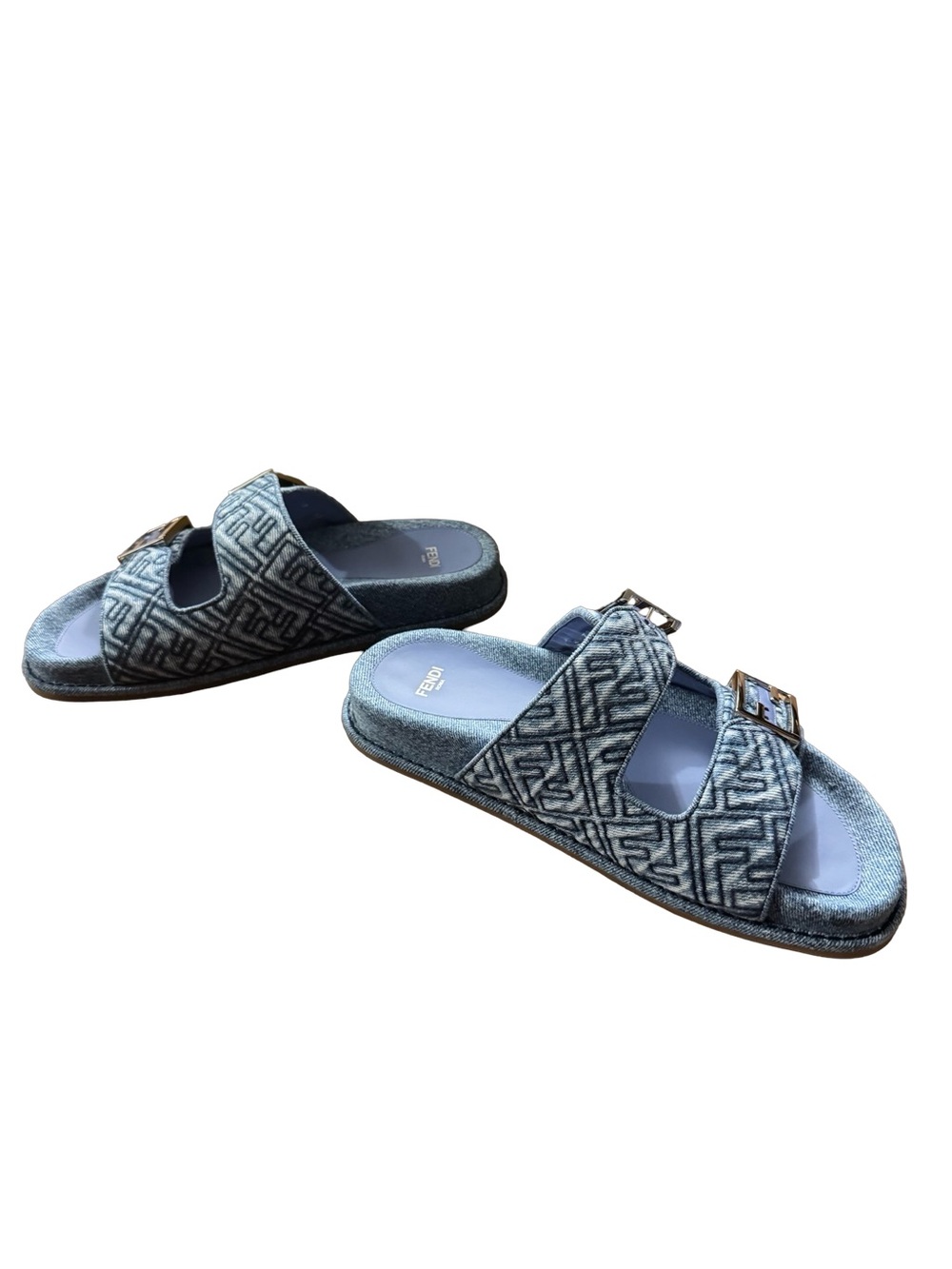 Fendi Feel Denim-Effect FF Jacquard Double-Buckle Slides NIB - Picture 5 of 7